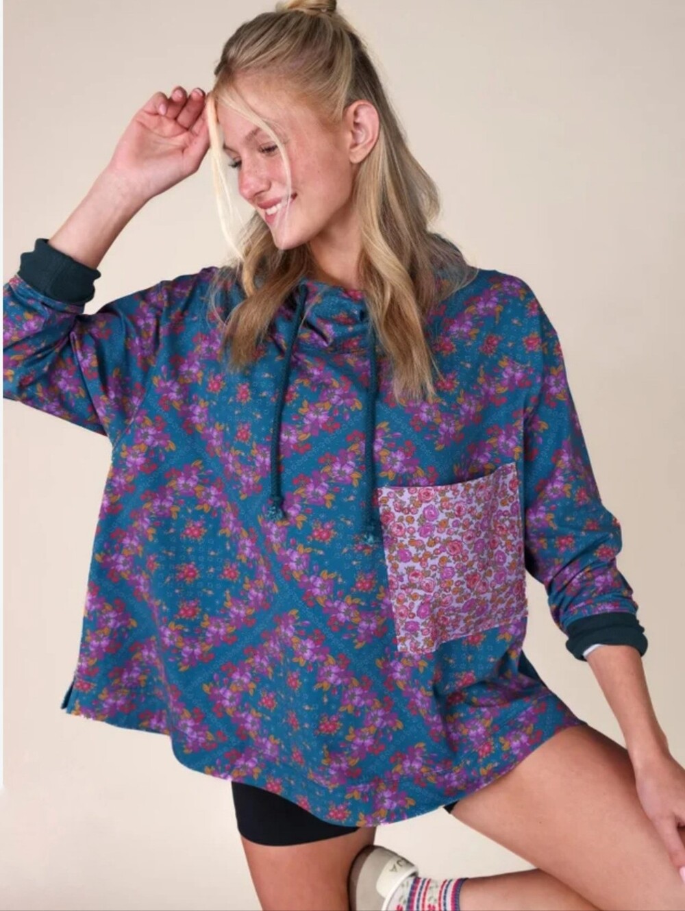 Natural Life NEW Move Free Hooded Bandana Floral Teal Hoodie Pullover Top Large